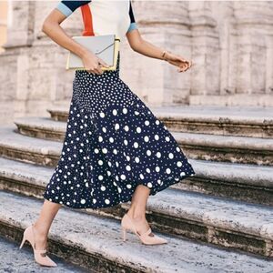 BODEN Aline Blue White Polka Dot Mermaid Flare Midi Skirt Size 4P 4 Petite